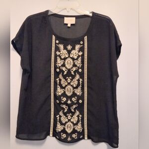 Skies Are Blue Embroidered Black Sheer Women's Blouse Size Large